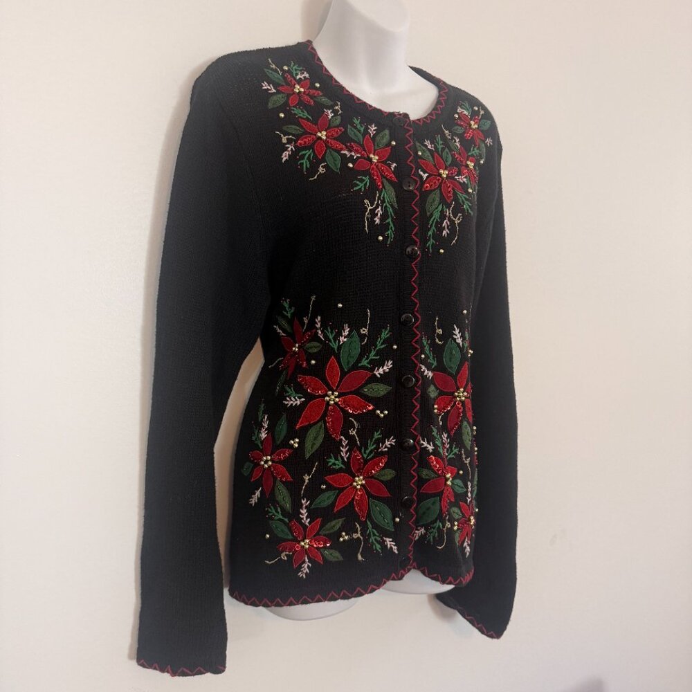 Vintage 90's Christmas Cardigan | Poinsettia Sequin Sweater | Beaded | S/M - Picture 4 of 10